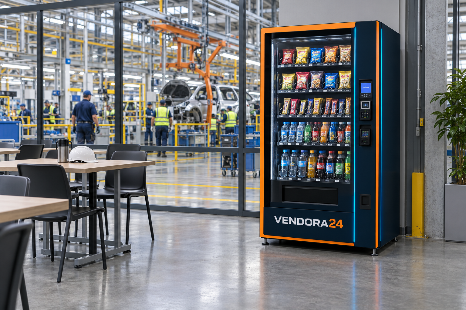 Üretim alanına bakan fabrika çalışan dinlenme alanında Vendora24 otomatı